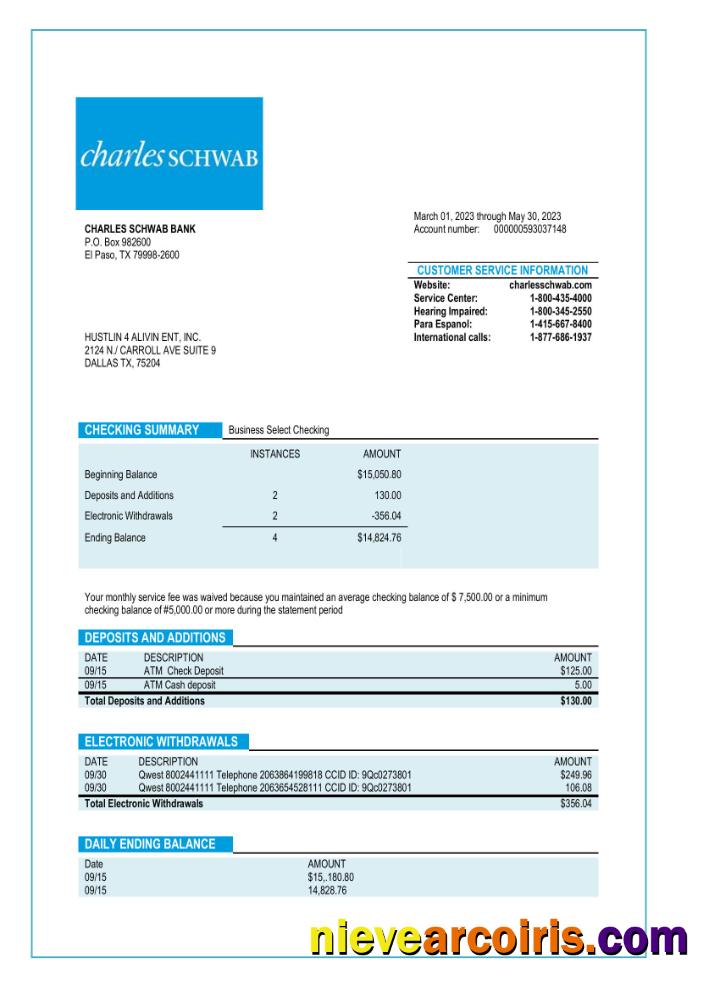 Charles Schwab business bank statement